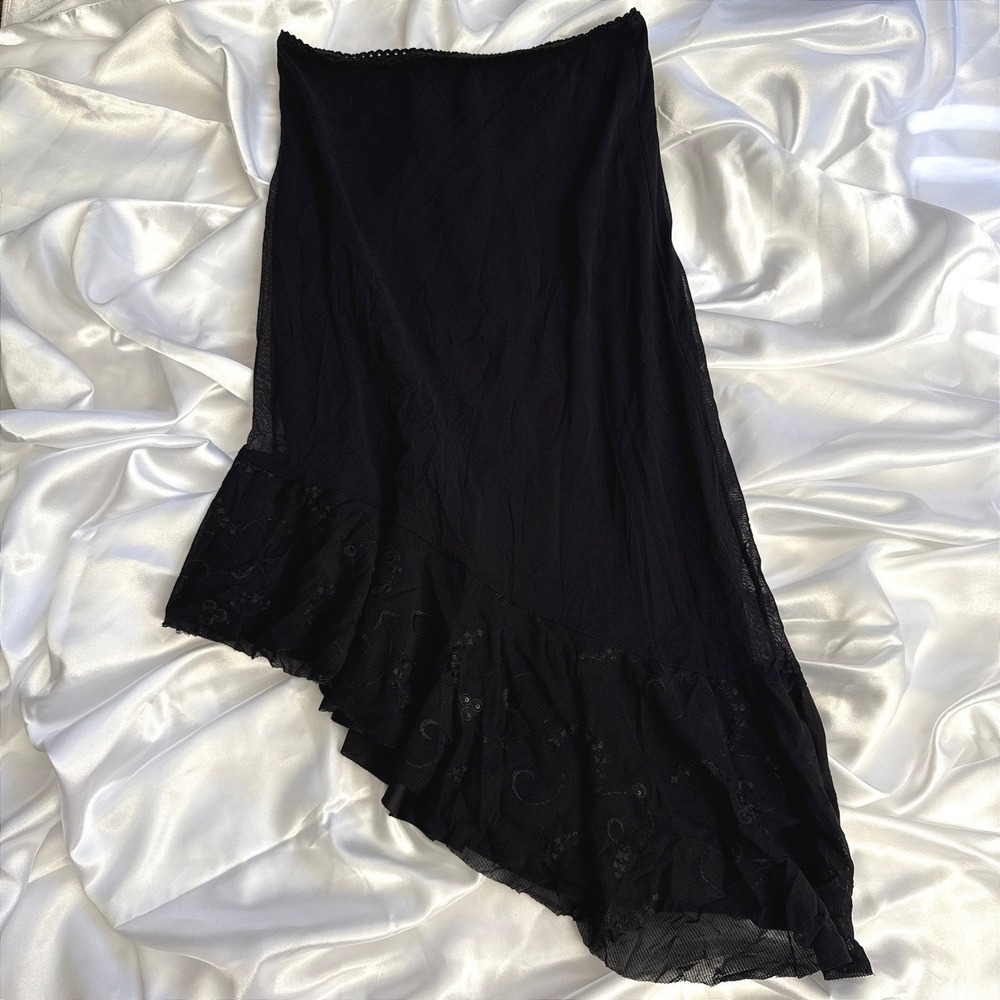 Made in Italy Black Mesh Asymmetrical Ruffle Midi Skirt Sequin Embroidered
